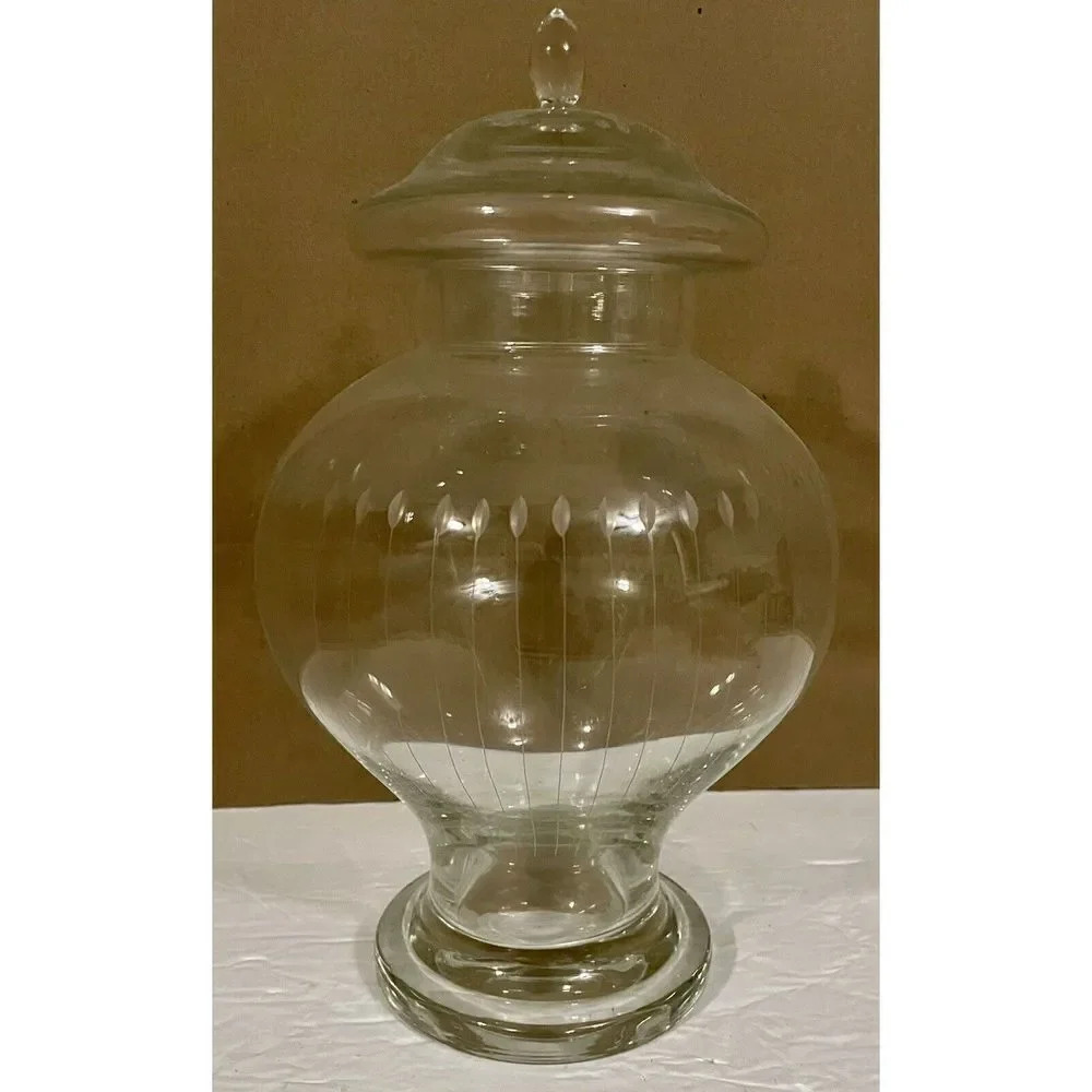 Clear Etched Glass Cookie Candy Jar Storage W/Lid 12 In H x 7 In W 4.5 In Base